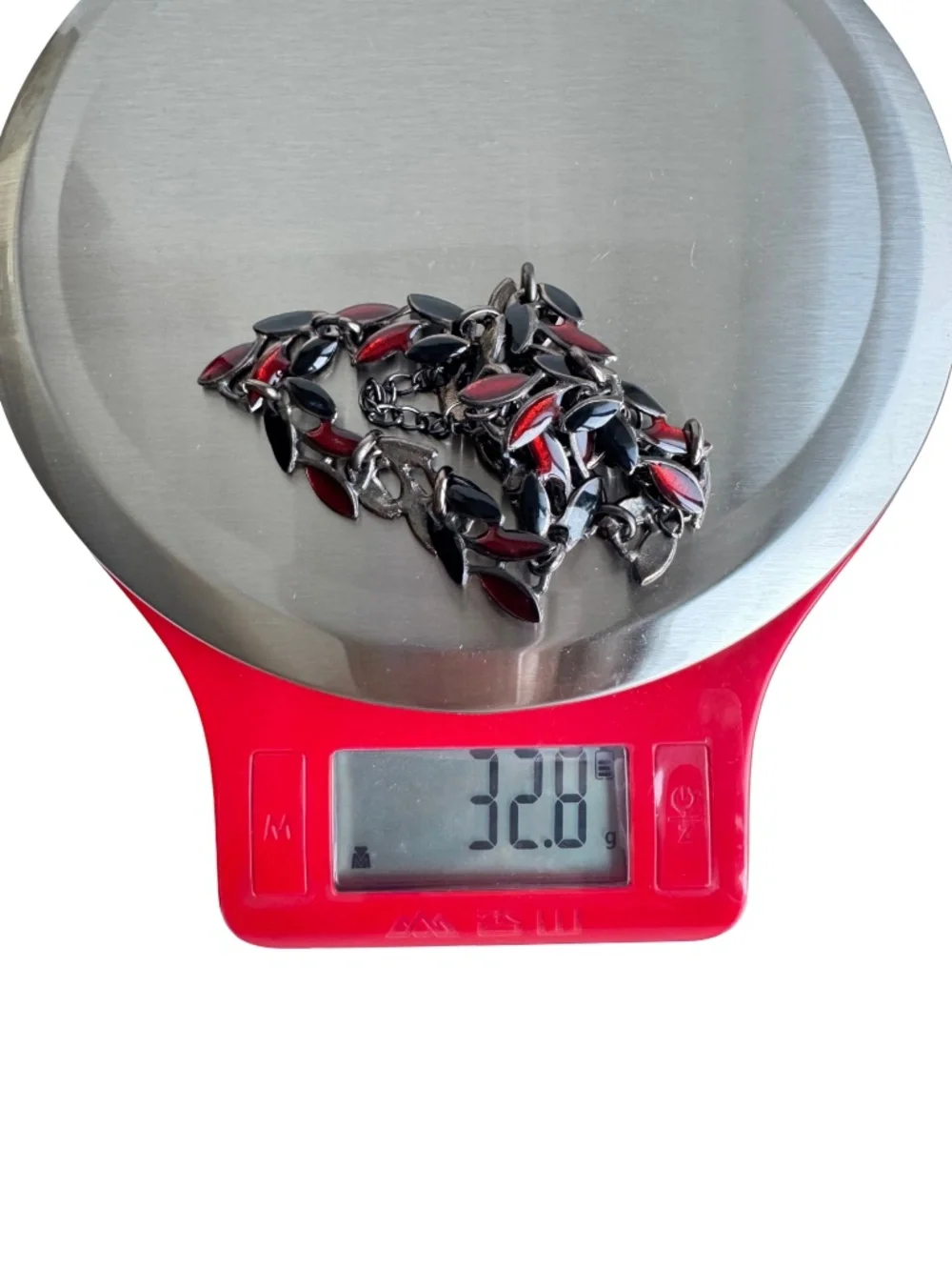 Vintage Red Black Enamel Leaf Necklace Gunmetal Tone Collar Botanical Statement